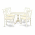 HomeStock 5-Piece Linen White Finish Solid Wood Top Dining table with 4 Chairs with Drop Leaf Lattice Back