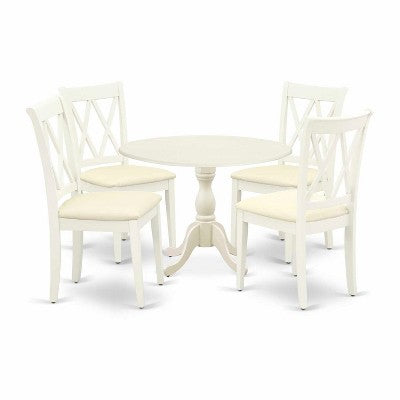 HomeStock 5-Piece Linen White Finish Solid Wood Top Dining table with 4 Chairs with Drop Leaf Lattice Back