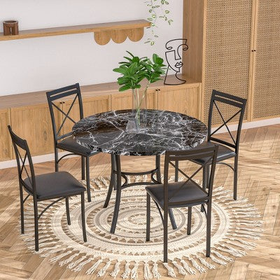 VECELO 5-Piece Dining Table Set for 4, Faux Marble Dinette with 4 Chairs for Kitchen, Small Space, Black/White