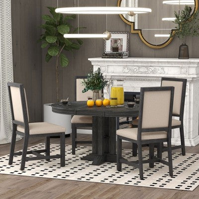5-Piece Dining Set with Extendable Round Table and 4 Upholstered Chairs - ModernLuxe
