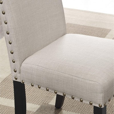 Biony 3-Piece 36 Round Espresso Finish Bar Table with 2 Tan Fabric Nail Head Pub Chairs