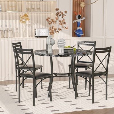 VECELO 5-Piece Dining Table Set for 4, Faux Marble Dinette with 4 Chairs for Kitchen, Small Space, Black/White