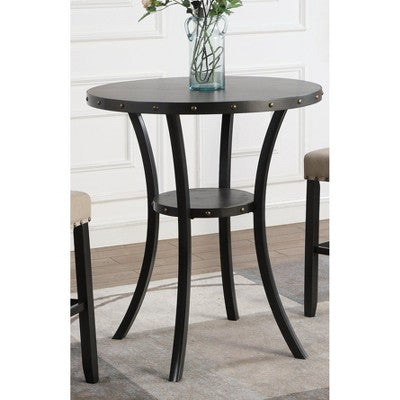 Biony 3-Piece 36 Round Espresso Finish Bar Table with 2 Tan Fabric Nail Head Pub Chairs