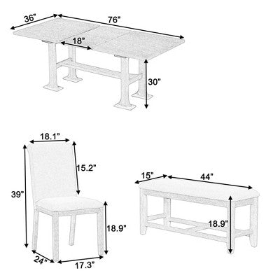 Farmhouse 6-Piece Extendable Dining Table Set with Removable Leaf and Upholstered Dining Chair and Bench 4W - ModernLuxe