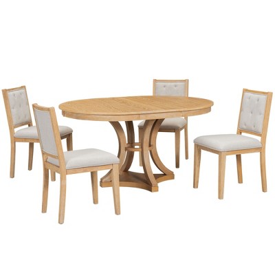 5-Piece Retro Dining Set with Extendable Round Table and 4 Upholstered Chairs