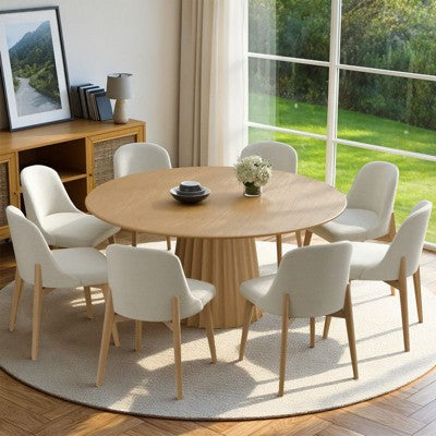 PexFix 60 Modern Round Dining Table Set with 8 Upholstered Chairs Natural Textured Wood Top Pleated Pedestal Base Beige Seats for Kitchen Dining Room