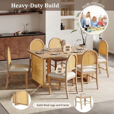 GDFStudio Rose 7 Piece Farmhouse Dining Table Set with 59.8 Rectangular Dining Table and Upholstered Rattan Chairs