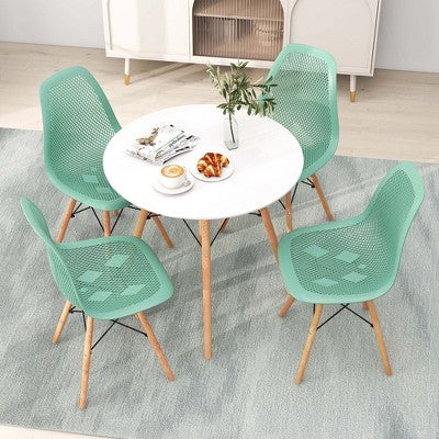 Costway 5 PCS Dining Table Set for 4 Persons Modern Round Table & 4 Chairs with Wood Leg Green/White