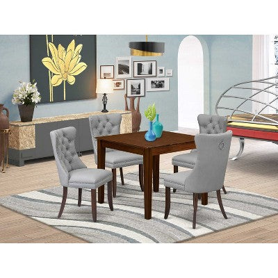 5-Piece Mahogany Finish Solid Wood Top - Square Upholstered Dining Room Set - Seats 4