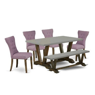 HomeStock 6-Pc Rectangle Distressed Jacobean Finish Solid Wood Top Dining Table with 1-Bench, 4-Chairs