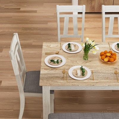 VECELO 6-Piece Wooden Dining Table Set, Dining Table with 4 Armless Upholstered Dining Chairs & Bench for Kitchen, Rubber Wood Legs, Gray