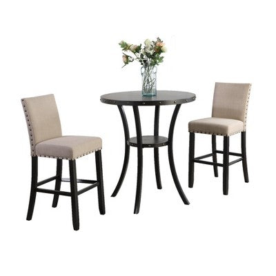 Biony 3-Piece 36 Round Espresso Finish Bar Table with 2 Tan Fabric Nail Head Pub Chairs