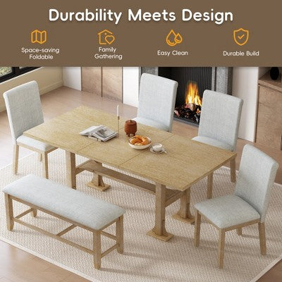 Farmhouse 6-Piece Extendable Dining Table Set with Removable Leaf and Upholstered Dining Chair and Bench 4W - ModernLuxe