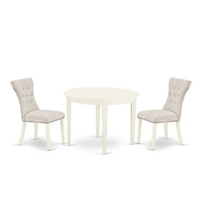Round Dinette Set - 3 Piece Kitchen Table & Chairs - Linen White Finish - Modern Parson Design