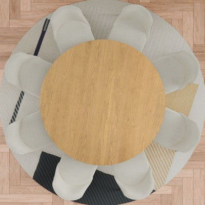 PexFix 60 Modern Round Dining Table Set with 8 Upholstered Chairs Natural Textured Wood Top Pleated Pedestal Base Beige Seats for Kitchen Dining Room