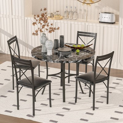 VECELO 5-Piece Dining Table Set for 4, Faux Marble Dinette with 4 Chairs for Kitchen, Small Space, Black/White