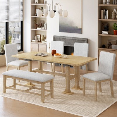Farmhouse 6-Piece Extendable Dining Table Set with Removable Leaf and Upholstered Dining Chair and Bench 4W - ModernLuxe
