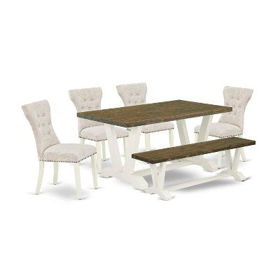 HomeStock 6-Pc Rectangle Distressed Jacobean Finish Solid Wood Top Dining Table with 1-Bench, 4-Chairs