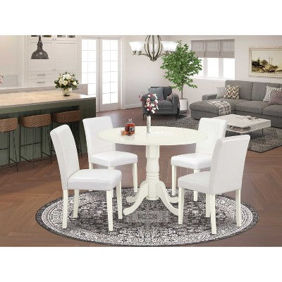 Round Kitchen Table Set 5pc 42 Table w/ Drop Leaves & 4 Parsons Chairs - White PU Leather