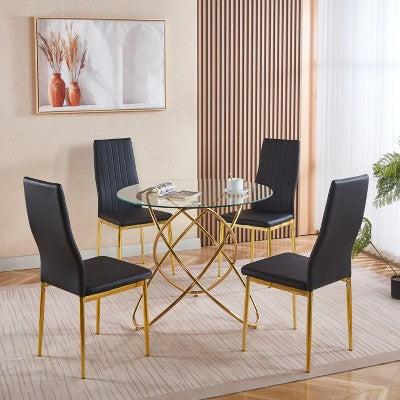 5-Piece Dining Set with Glass Table Top and Metal Legs, Mid-Century Design for 4-6 People