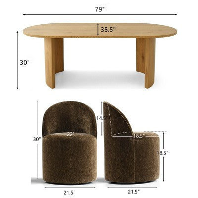 Dining Table Set for 6, Oval 79 Table and Chenille Fabric Armless Barrel Chairs with Casters, Perfect for Kitchens-Panipeachy