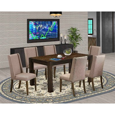 HomeStock 7-Piece Rectangle Distressed Jacobean Finish Solid Wood Top Dining Table with 6 Parson Chairs