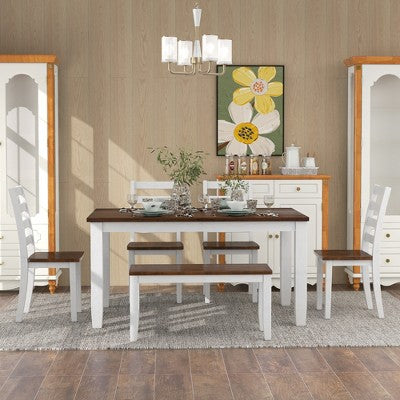 6 PCS Rustic Wood Dining Table Set, Rectangular Table with 4 Chairs & Bench-ModernLuxe