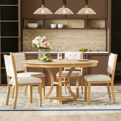 5-Piece Retro Dining Set with Extendable Round Table and 4 Upholstered Chairs