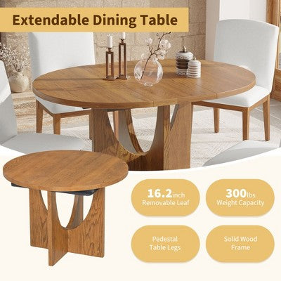 5 Pieces Extendable Round Dining Table Set for 4, Modern Kitchen Dining Table with Removable Leaf and 4 Upholstered Chairs for Dining Room