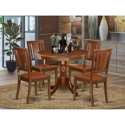 5Pc Dining Set - 36 Round Table & 4 Wood Chairs - Eclectic Style