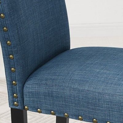 Biony 3-Piece 36 Round Espresso Finish Bar Table with 2 Blue Fabric Nail Head Pub Chairs