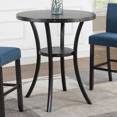 Biony 3-Piece 36 Round Espresso Finish Bar Table with 2 Blue Fabric Nail Head Pub Chairs