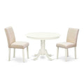 Vintage Round Kitchen Table Set - 3pc Table & 2 Chairs - Linen White Legs - Light Beige Fabric