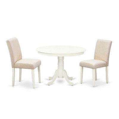Vintage Round Kitchen Table Set - 3pc Table & 2 Chairs - Linen White Legs - Light Beige Fabric