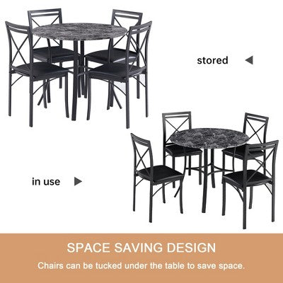 VECELO 5-Piece Dining Table Set for 4, Faux Marble Dinette with 4 Chairs for Kitchen, Small Space, Black/White