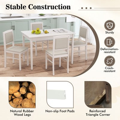 Costway 5 PCS Dining Table Set for 4 w/Rubber Wood Legs Upholstered Seat Padded Backrest