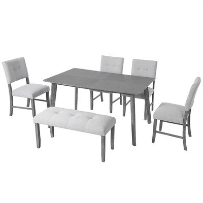 6 Piece Wood Dining Room Table Set, Dining Room Rectangular Table with 4 Upholstered Chairs and Bench