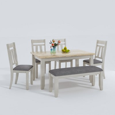 VECELO 6-Piece Wooden Dining Table Set, Dining Table with 4 Armless Upholstered Dining Chairs & Bench for Kitchen, Rubber Wood Legs, Gray