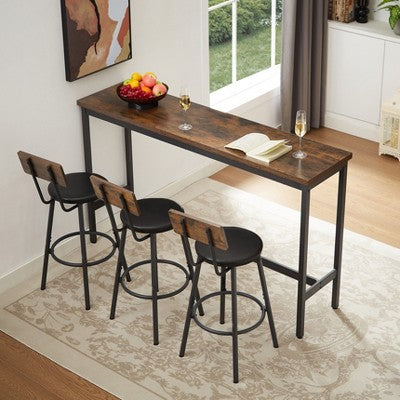 JVNOXK 63-inch Long Bar Table and Chair Set, Includes 3 PU Padded Bar Stools, Industrial Style, Suitable for Living Rooms ,Dark Brown