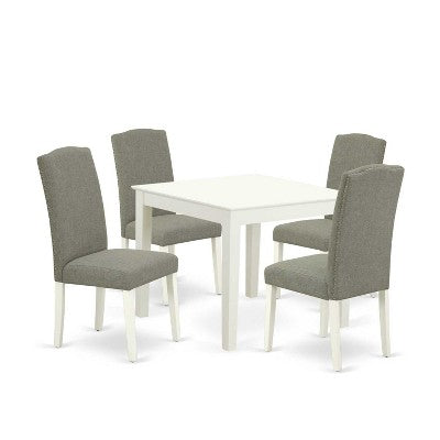Modern 5Pc Dining Set - Square Table & 4 Chairs - Linen White Legs - Dark Shitake Fabric