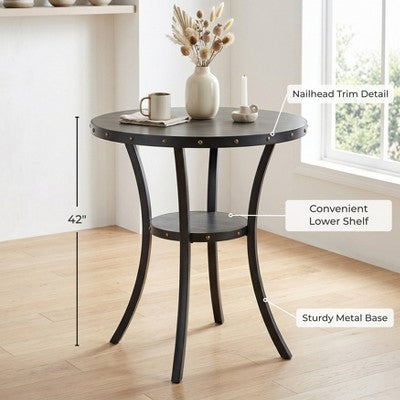 Biony 3-Piece 36 Round Espresso Finish Bar Table with 2 Blue Fabric Nail Head Pub Chairs