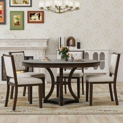Merax Stylish 5-Piece Retro Dining Set with Extendable Round Table & 4 Upholstered Chairs