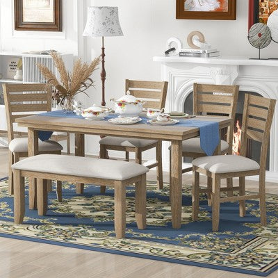 Farmhouse Kitchen Dining Table Set for 6, Wood Rectangle Table and 4 Upholstered Chairs & Bench