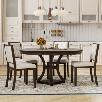 5-Piece Retro Dining Set with Extendable Round Table and 4 Upholstered Chairs