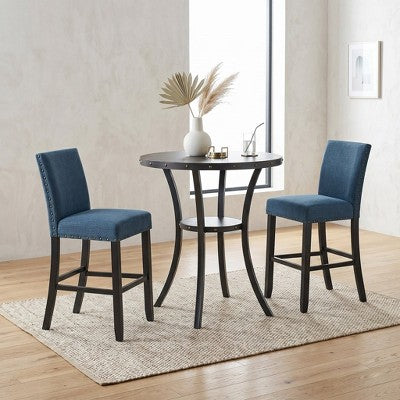 Biony 3-Piece 36 Round Espresso Finish Bar Table with 2 Blue Fabric Nail Head Pub Chairs
