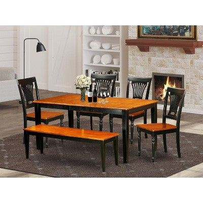 HomeStock 6-Piece Rectangle Black and Cherry Finish Solid Wood Top Dining Table with 1-Bench and 4-Chairs