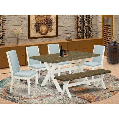 HomeStock 6-Piece Rectangle Distressed Jacobean Finish Solid Wood Top Dining Table with 1-Bench, 4-Chairs