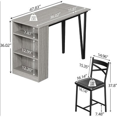 3 Piece Bar Table Set for 2, Bar Table and Chairs Set with with Flip Top Extension, Dining Table Set with Storage Shelves, Suitable for Small Space