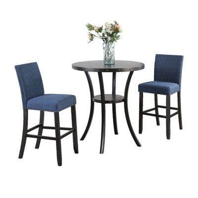 Biony 3-Piece 36 Round Espresso Finish Bar Table with 2 Blue Fabric Nail Head Pub Chairs