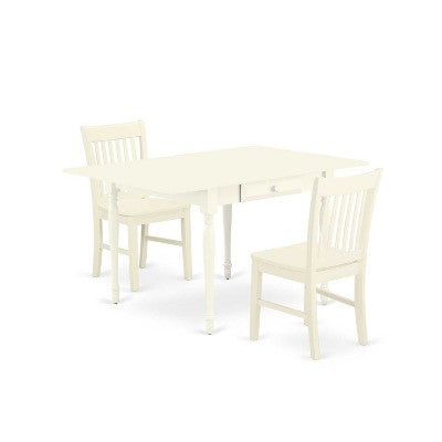 HomeStock 3-Pc Linen White Finish Rectangular Solid Wood Top with Dropleaf Dining Table Set
